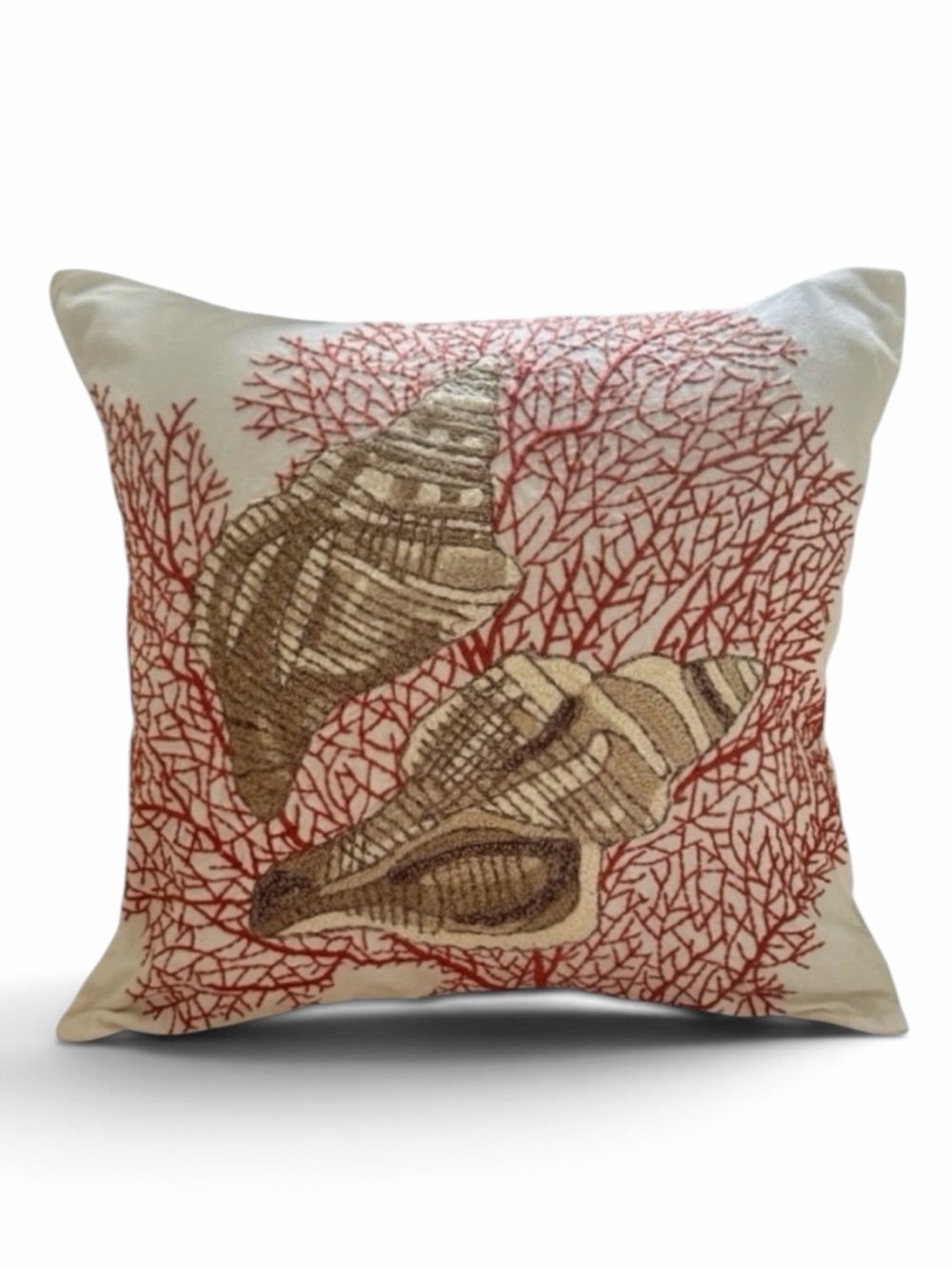 Pottery Barn Seashell and Coral Embroidered Pillow Cover 18”X18”